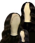 Three views of a long, dark brown body wave wig displayed on a beige mannequin head against a white background, showing different angles of the hair and part line.